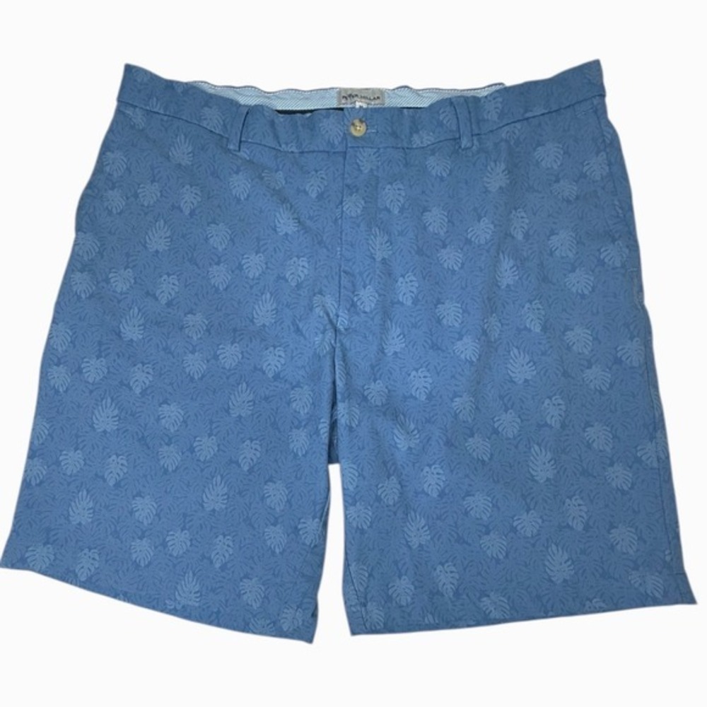 PETER MILLAR Men's Size 38 Blue Tropical Monstera Leaf Print Golf Shorts - Picture 2 of 9